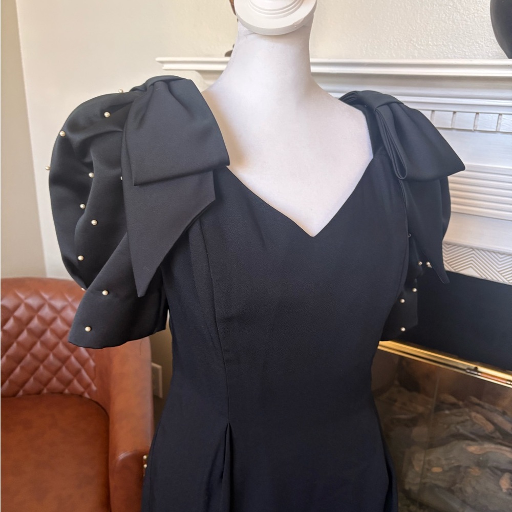Ice Black Midi Dress with Pearl-Embellished Puff Sleeves - Picture 2 of 9